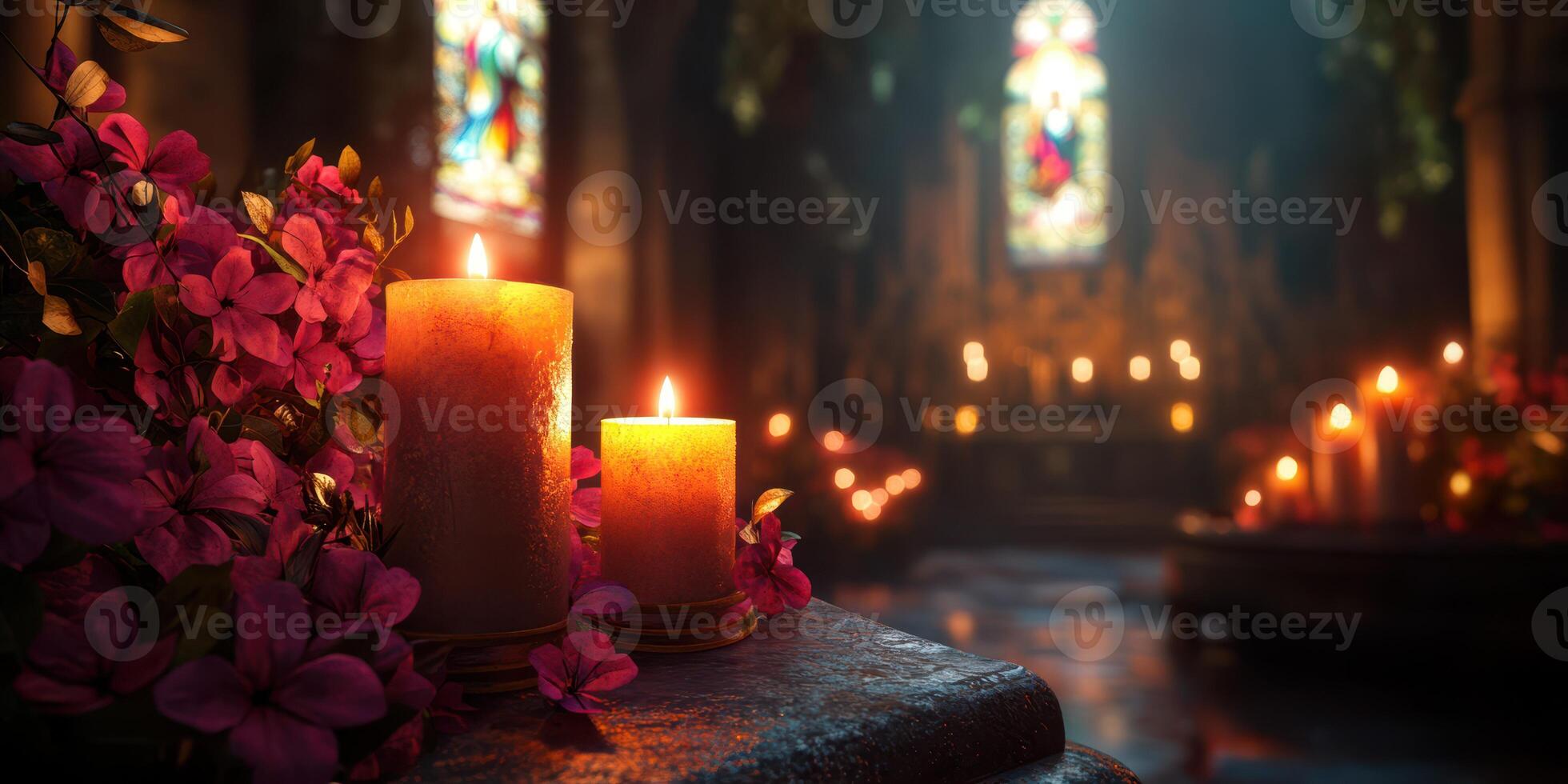 Soft candlelight flickers among vibrant flowers inside an ancient church adorned with stained glass windows photo