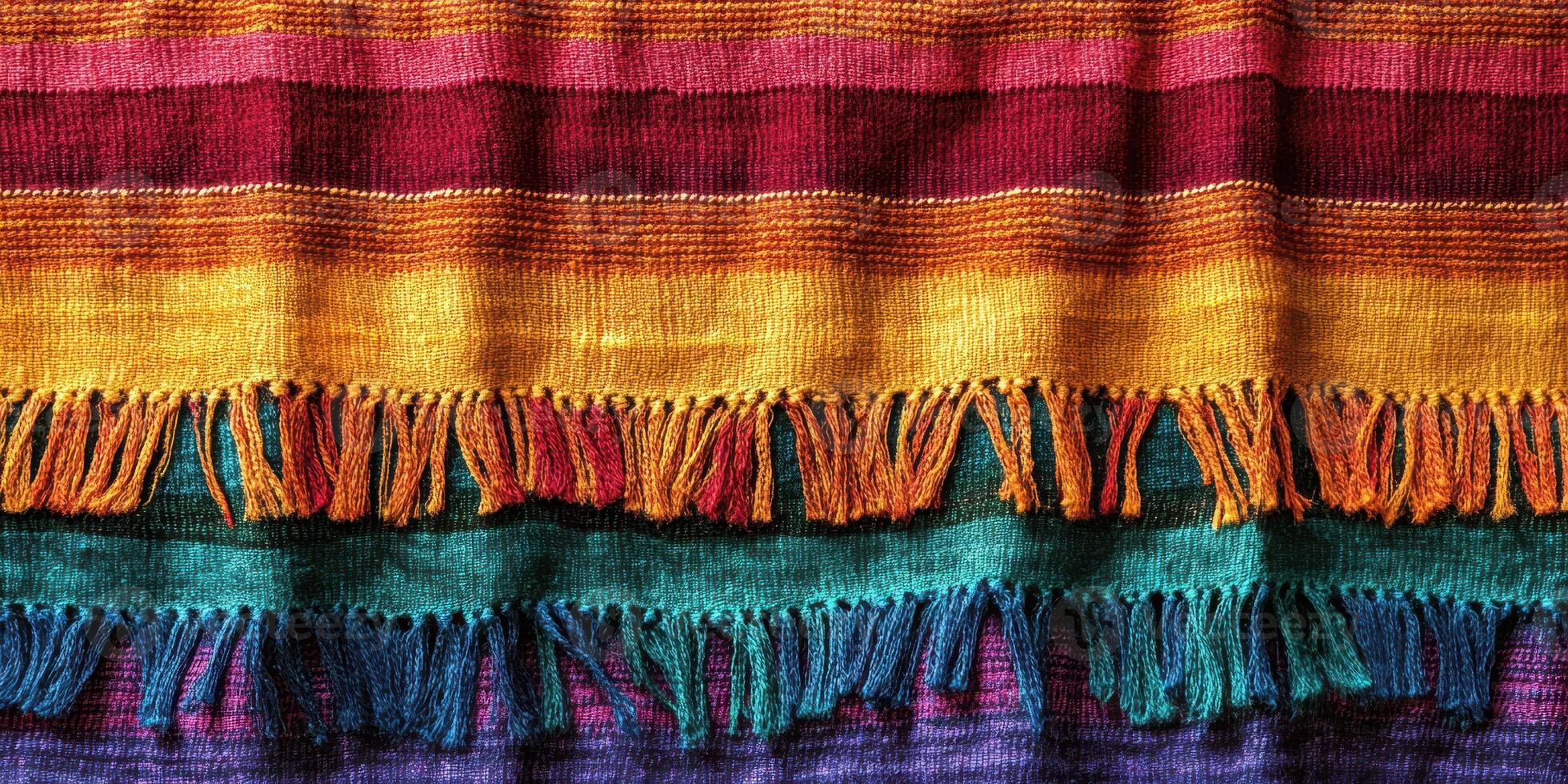 Colorful woven textile with fringe showcasing traditional patterns and vibrant hues in a marketplace photo