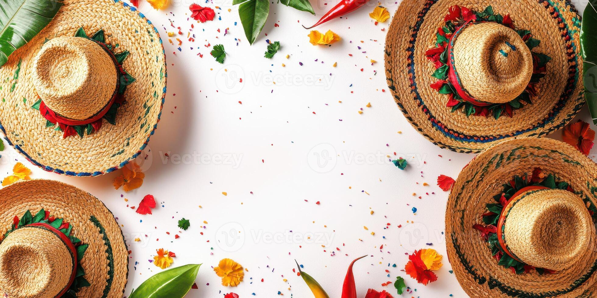 Colorful festive hats and decorations arranged on a white surface for a celebration in a summer setting photo