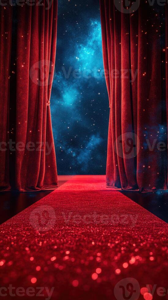 Red velvet curtains open to reveal a shimmering cosmic pathway leading into the unknown depths of space photo