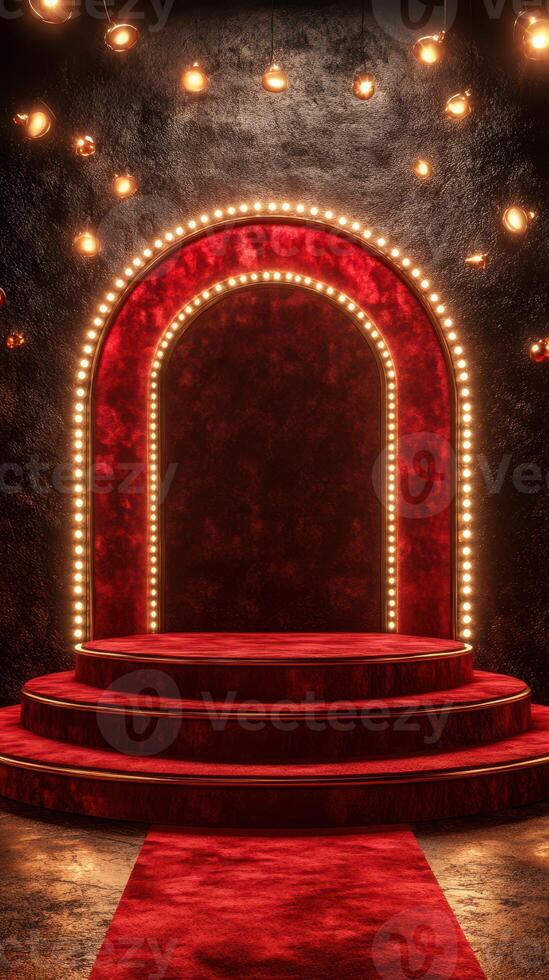 Elegant stage setup with dramatic lighting and red velvet accents for a performance in a cozy venue photo