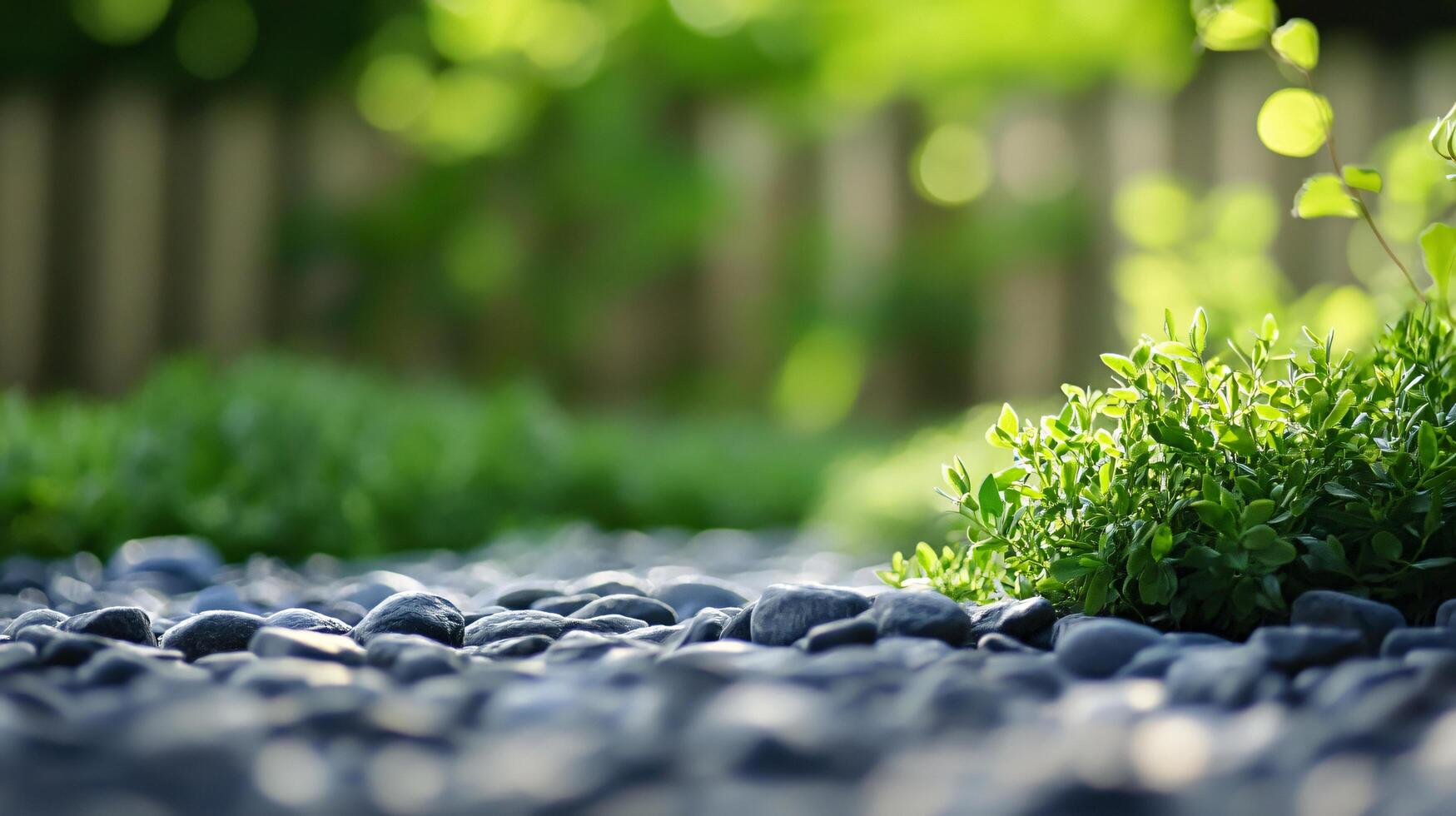 A rock garden with a fence in the background photo