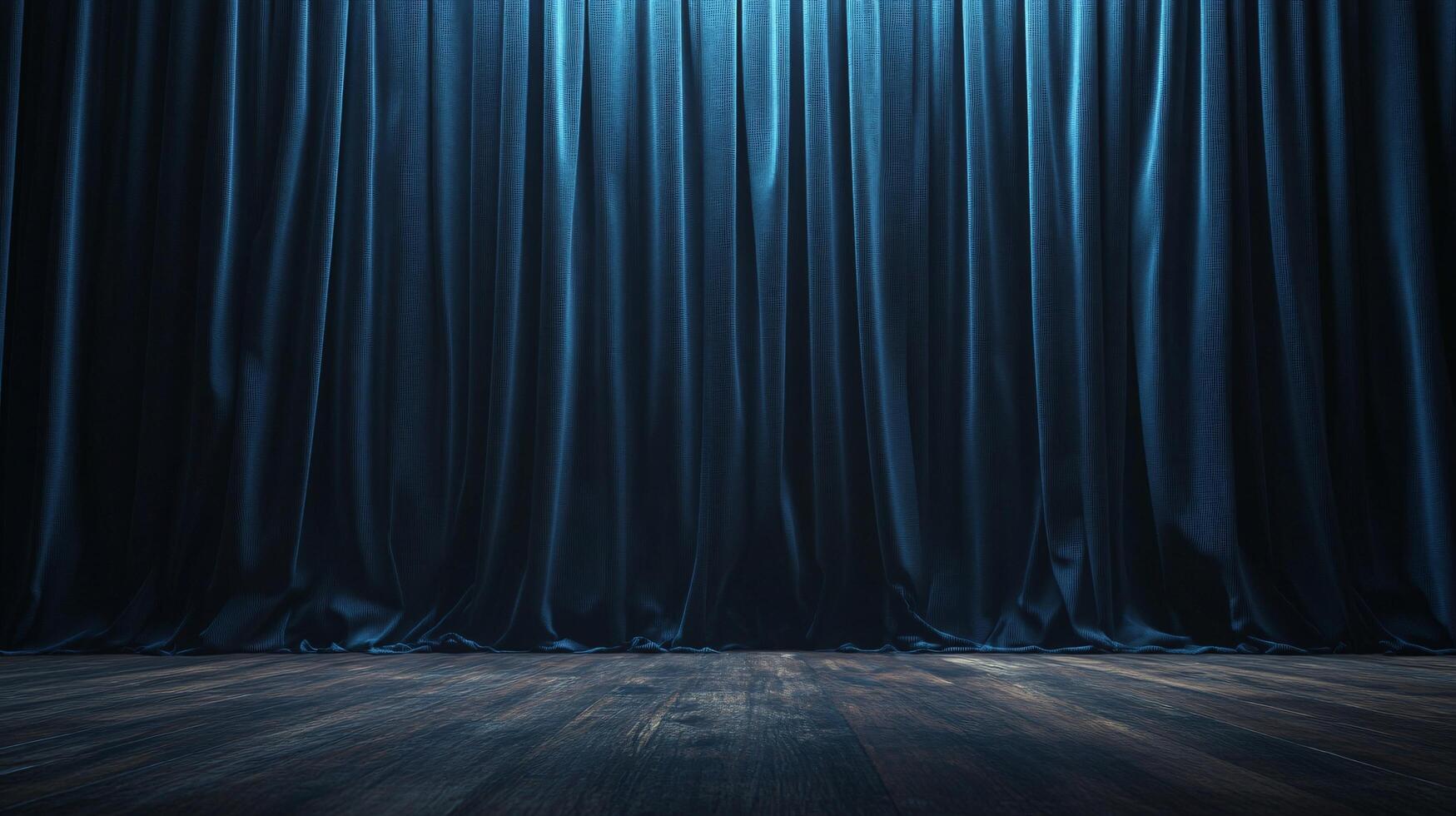 A blue curtain hangs in front of a wooden floor photo