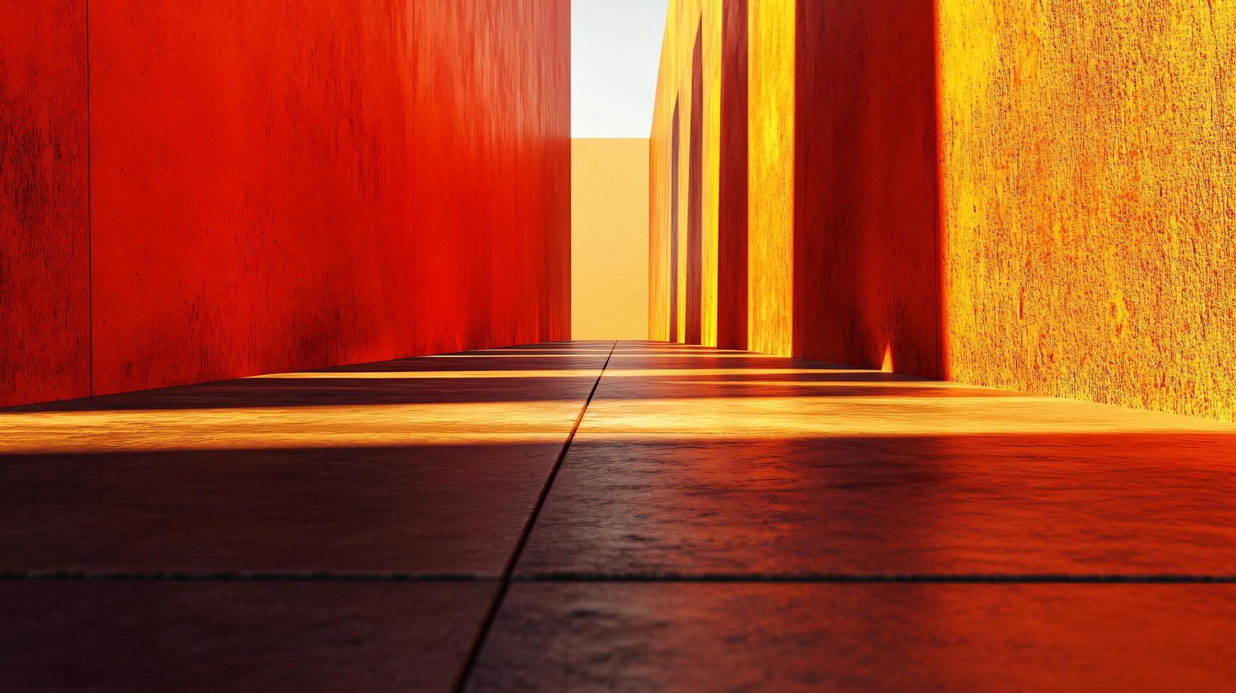 A long hallway with orange walls and a floor photo