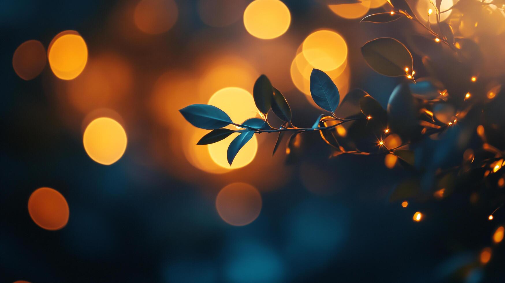 A leafy branch with a blurry background and a few glowing lights photo