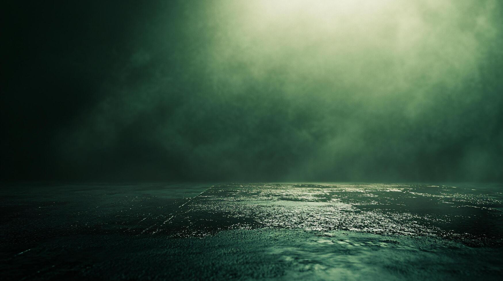 A dark, misty night with a body of water in the foreground photo