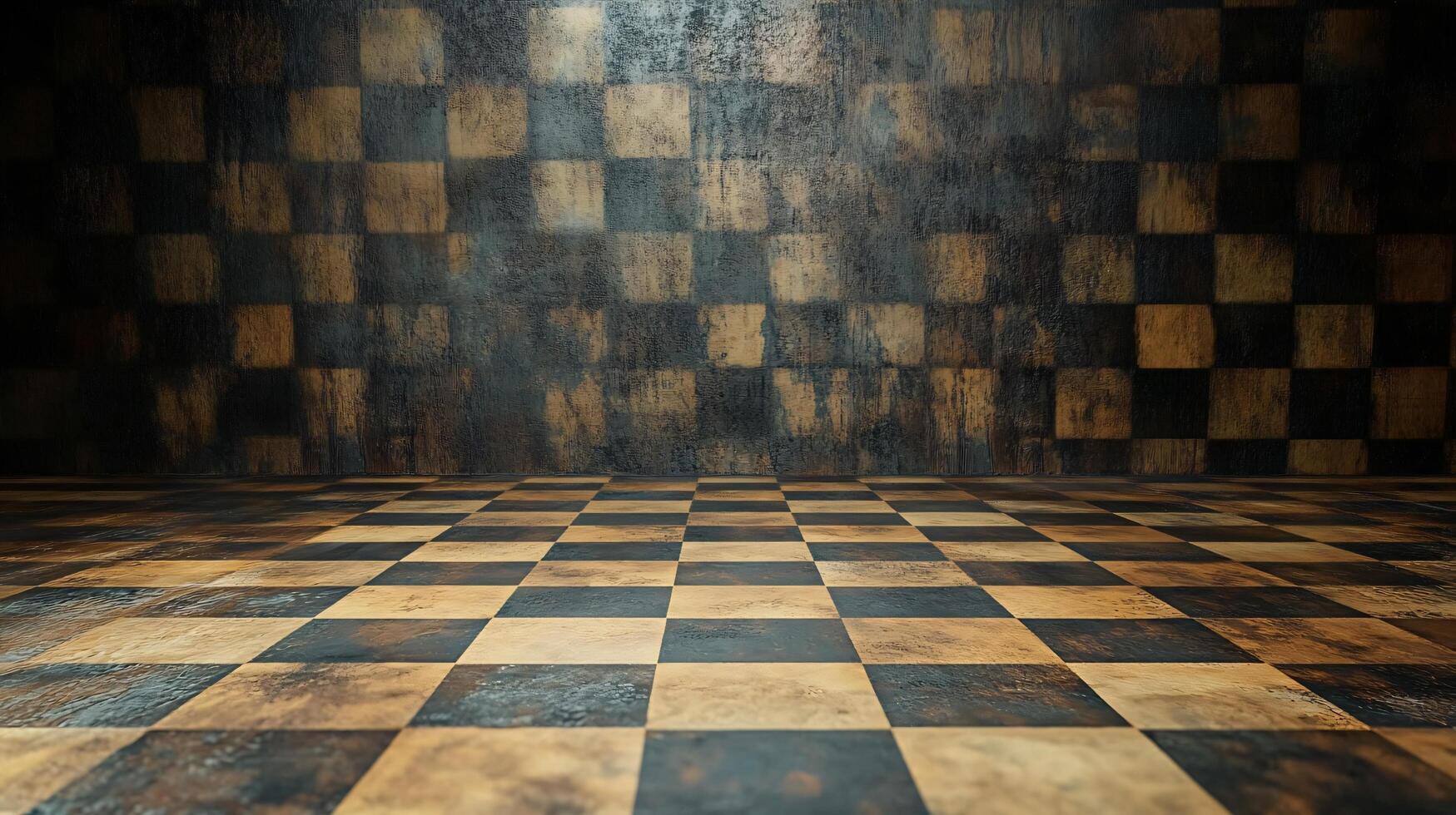 A checkered floor with a wall in the background photo