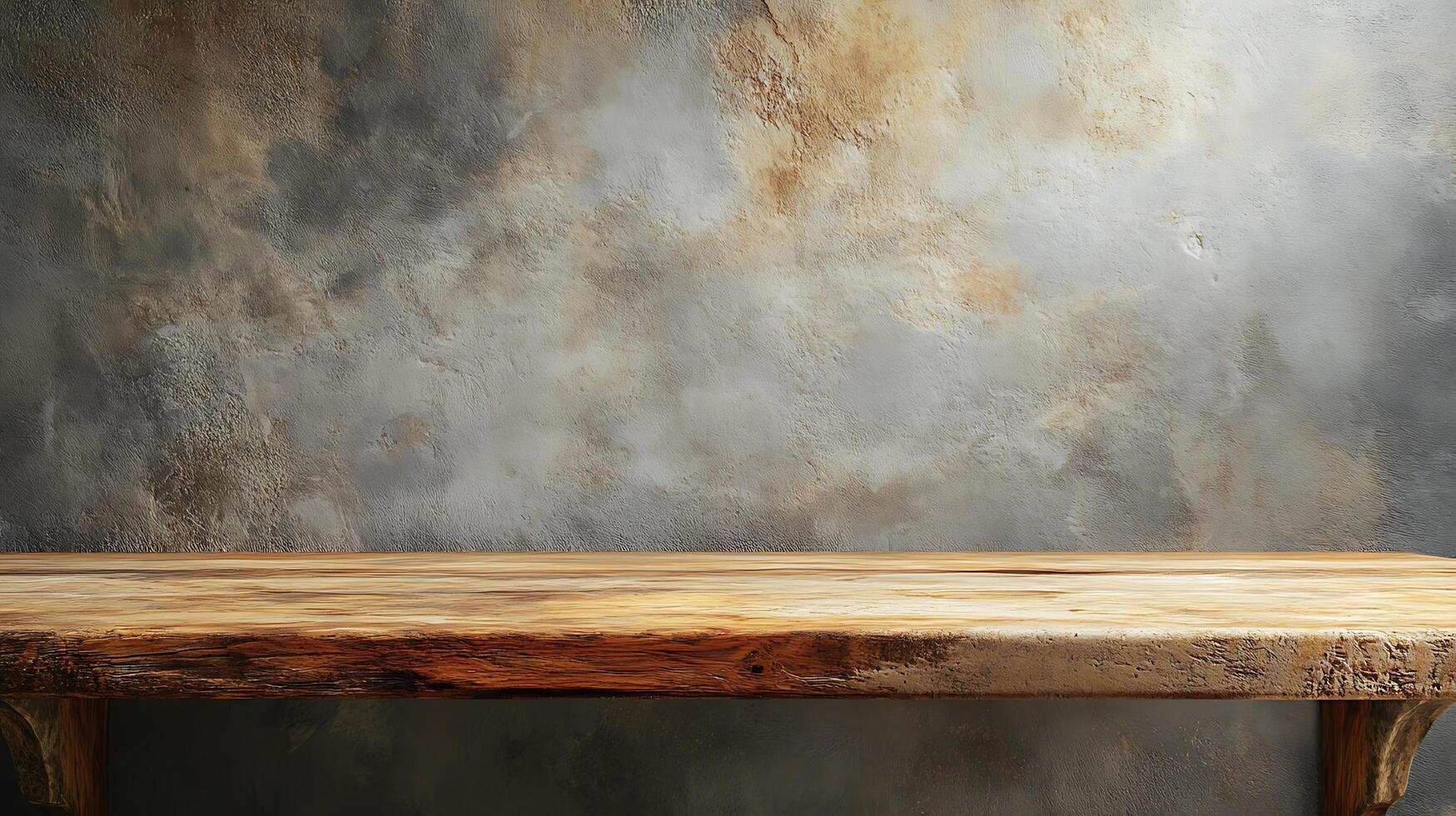 A wooden shelf with a grey wall behind it photo