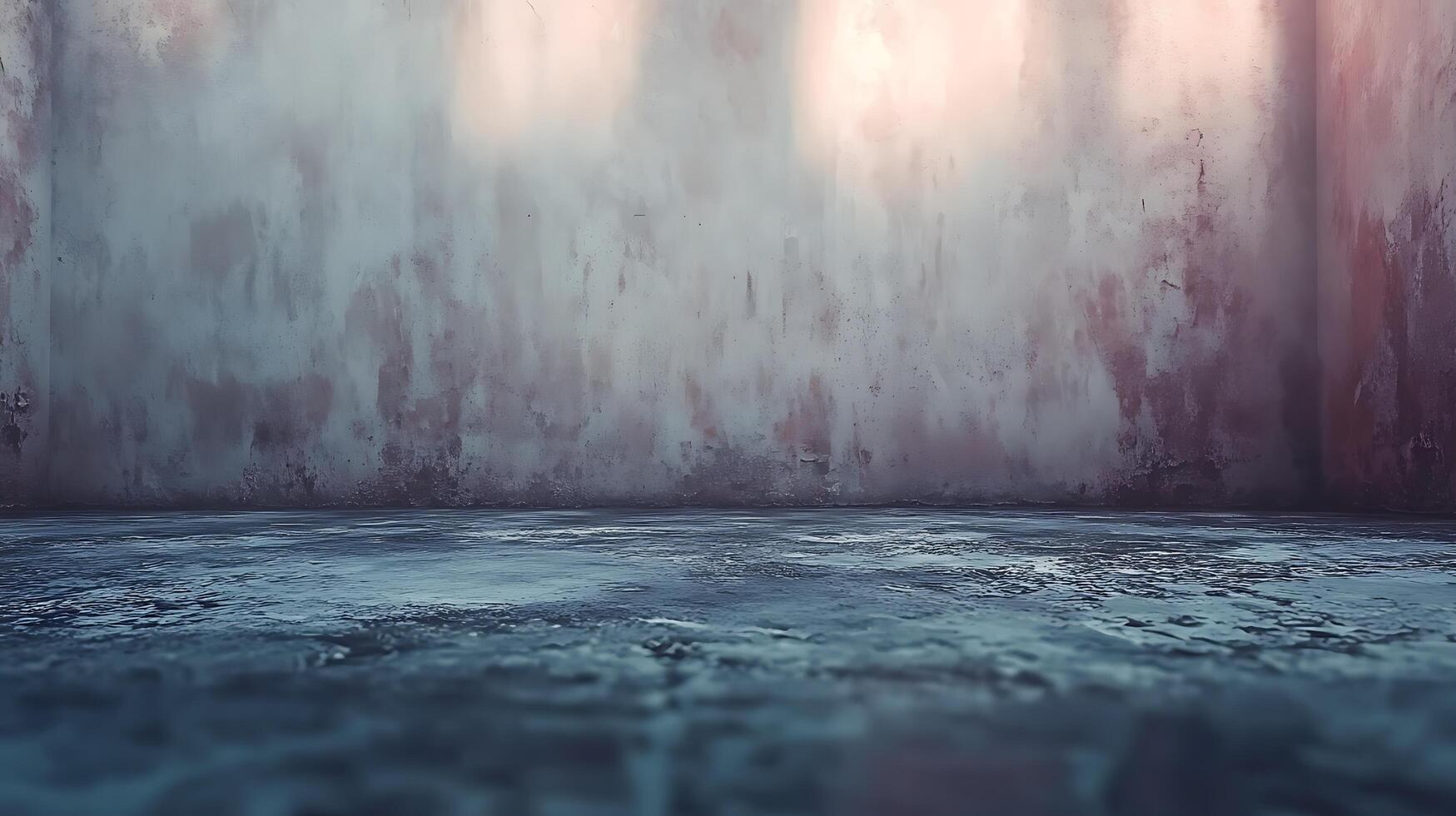 A wall with a lot of cracks and a wet floor photo