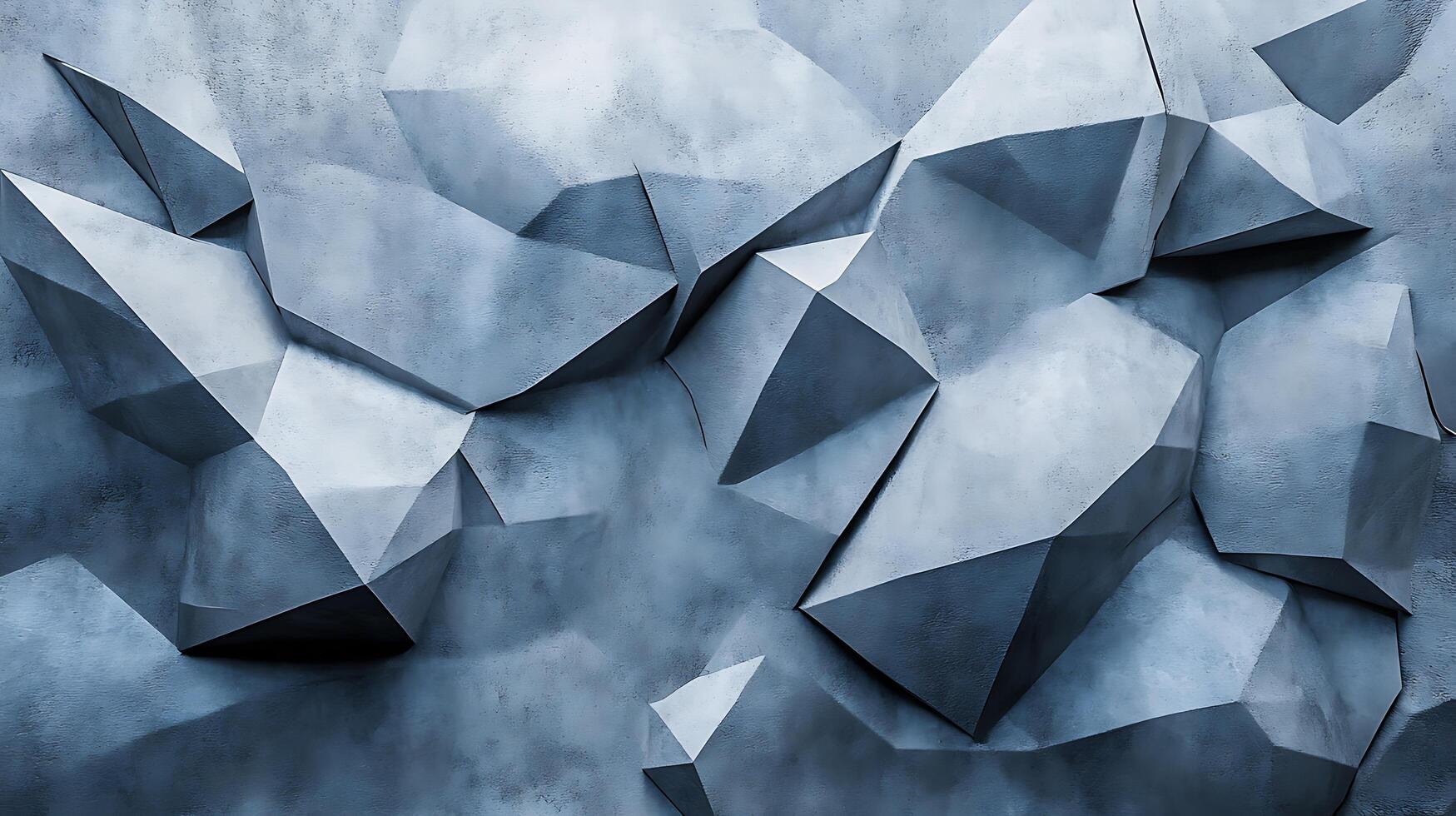 A blue and gray abstract painting of rocks and triangles photo