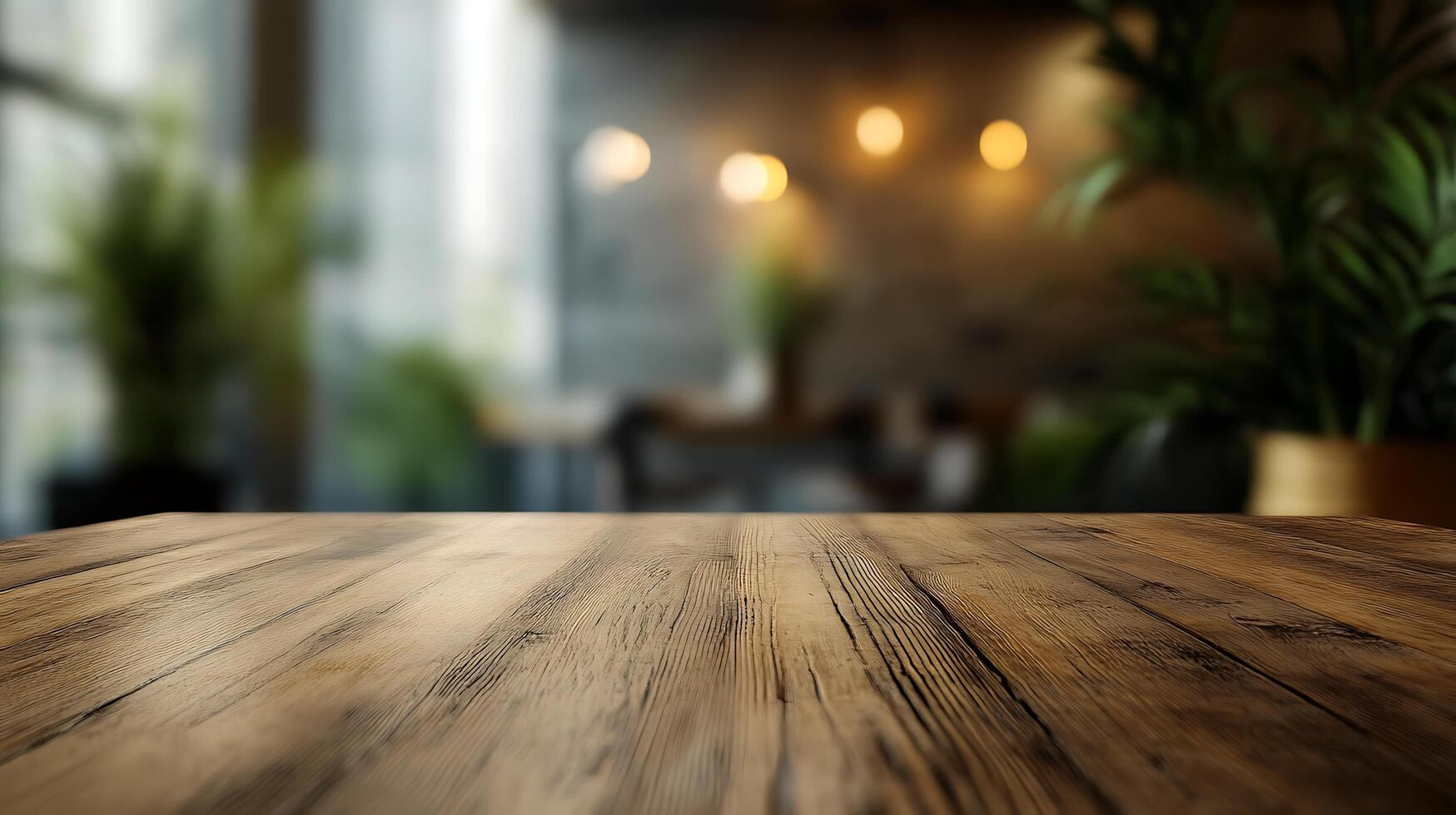 A wooden table with a view of a room with a plant in the background photo