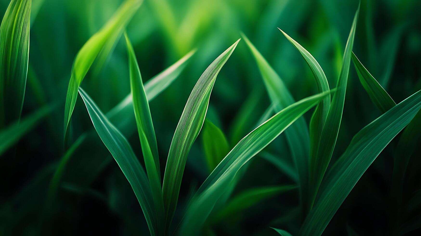 A close up of green grass with a few leaves showing photo