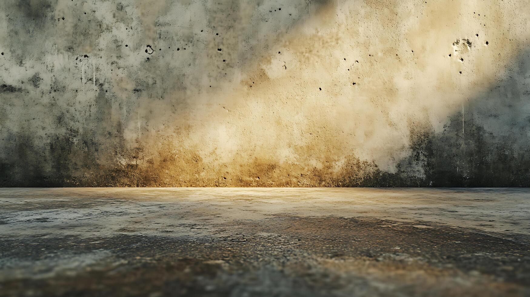 A large empty room with a wall that is covered in cracks and stains photo