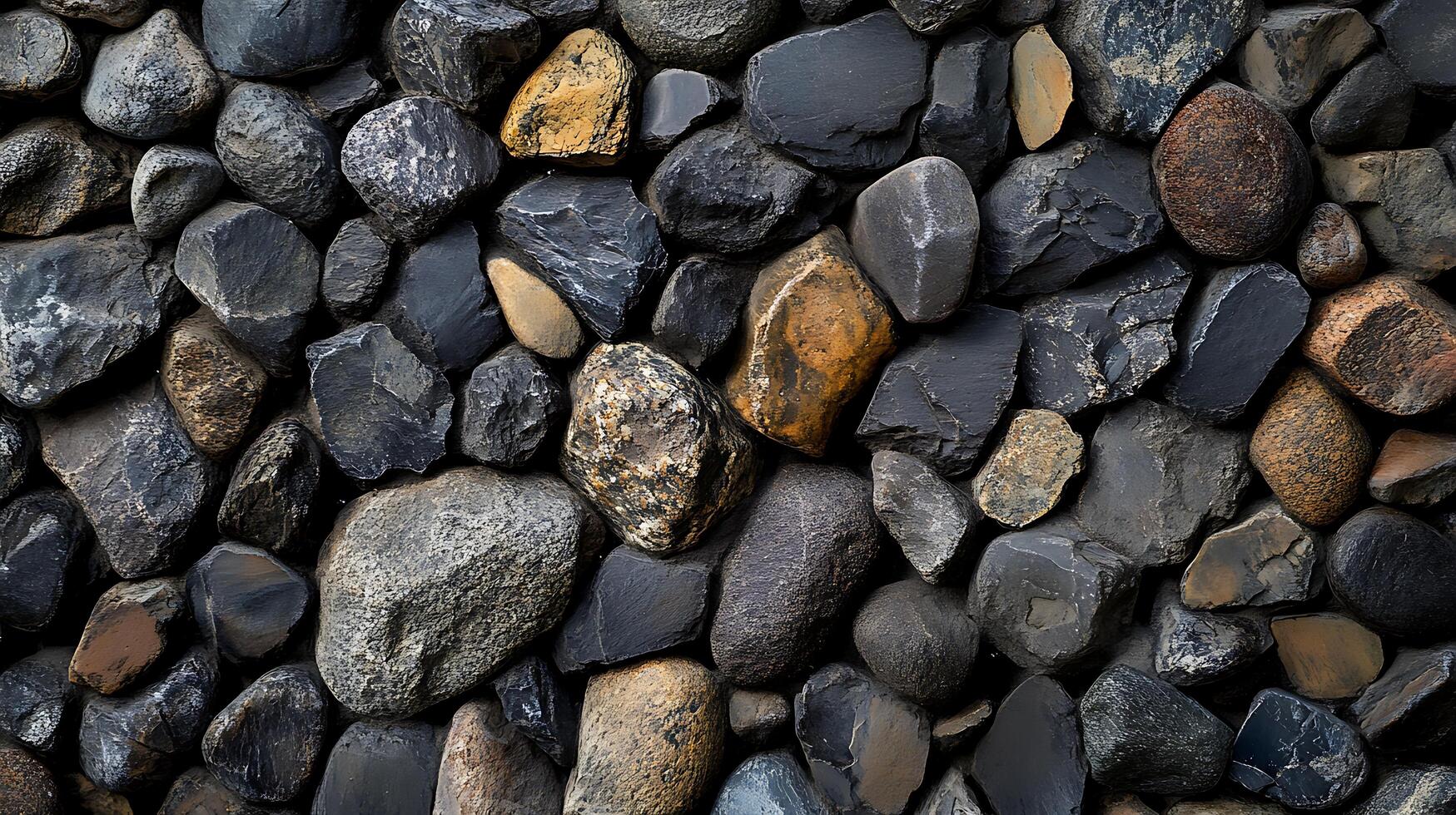 A close up of a pile of rocks with some of them being black photo