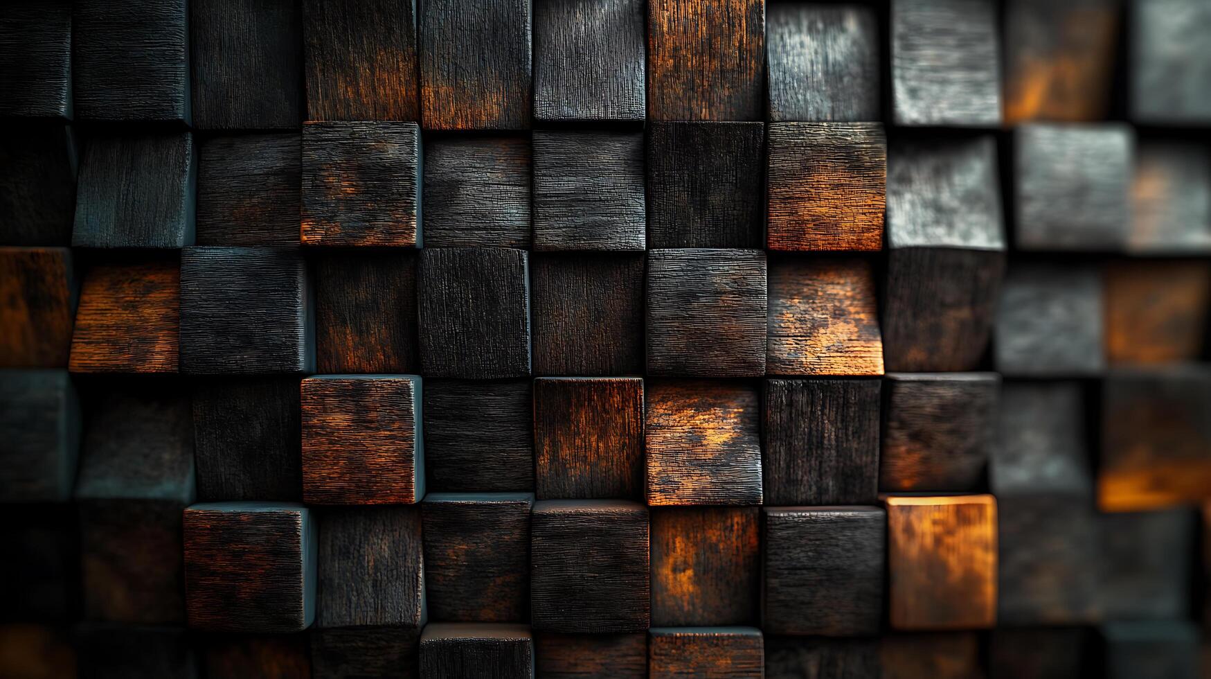 A wall made of wooden blocks, with a dark brown and orange color scheme photo