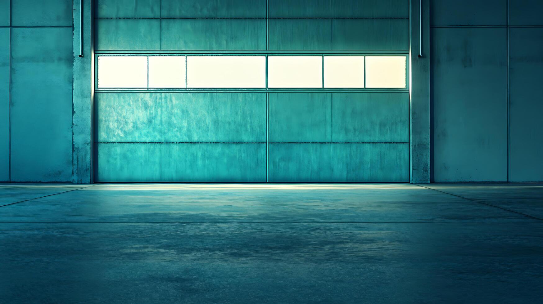 A large, empty garage with a blue door photo