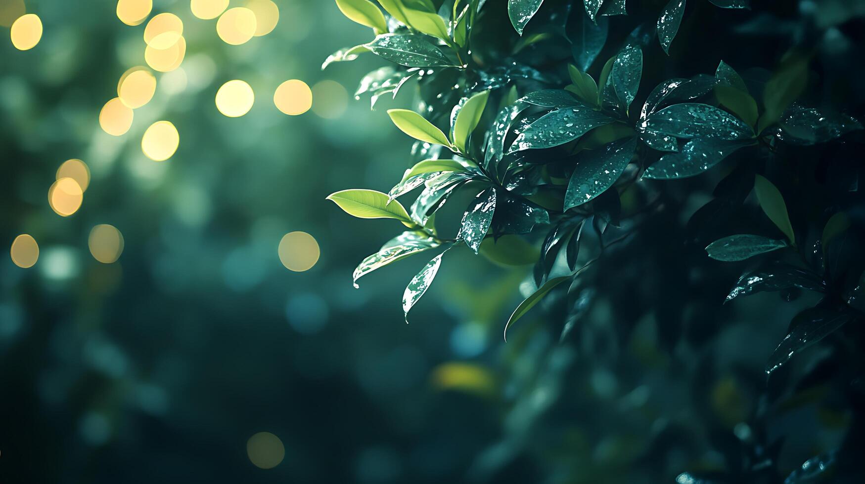 Lush Green Leaves with Raindrops and Bokeh Lights photo
