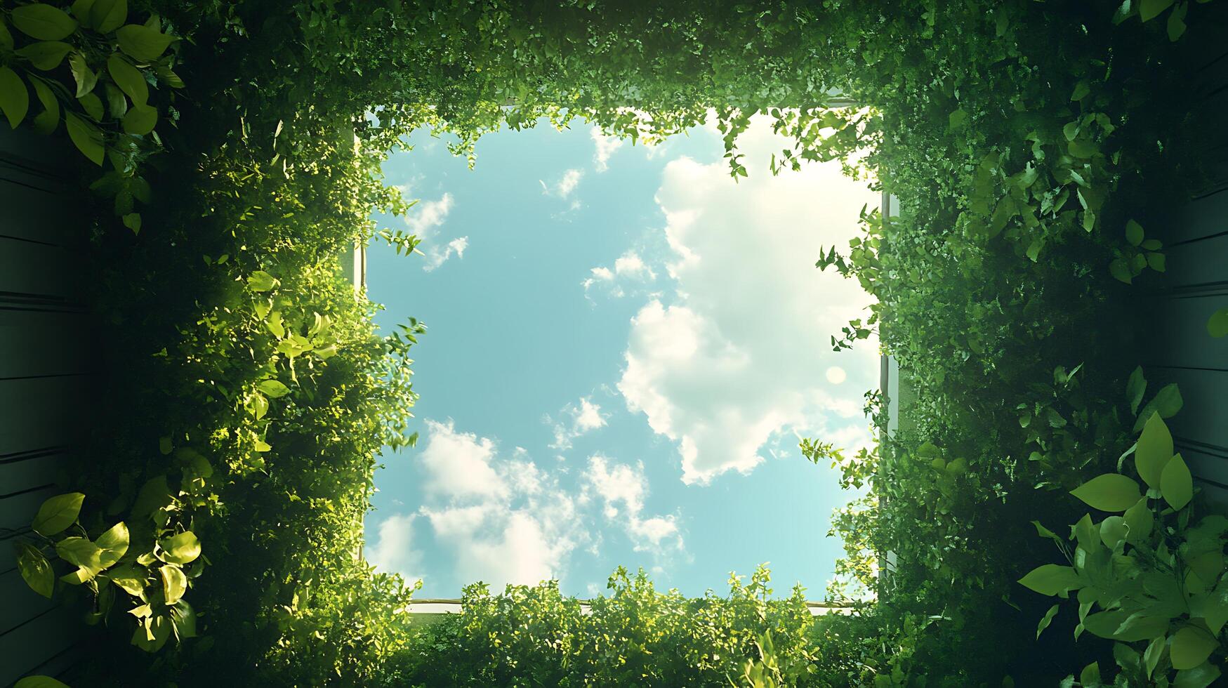 A square-shaped skylight framed by lush greenery opens to a bright blue sky dotted with fluffy clouds creating a tranquil natural oasis photo