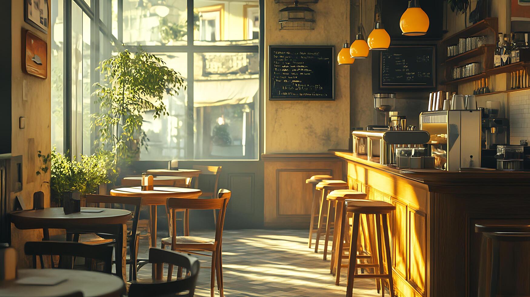Cozy cafe interior bathed in warm sunlight wooden furniture and a welcoming atmosphere A perfect spot for relaxation and coffee photo