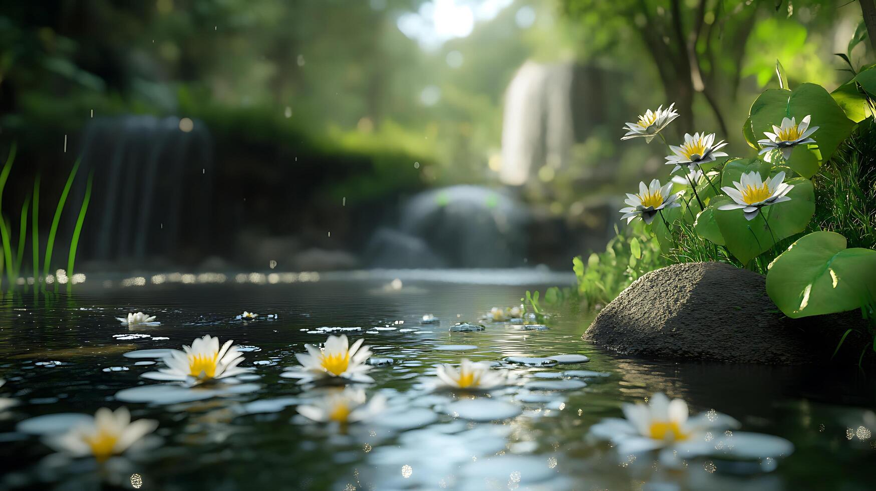 Lush paradise with water lilies gracefully floating amidst tranquil waters and a backdrop of cascading waterfalls in the background photo
