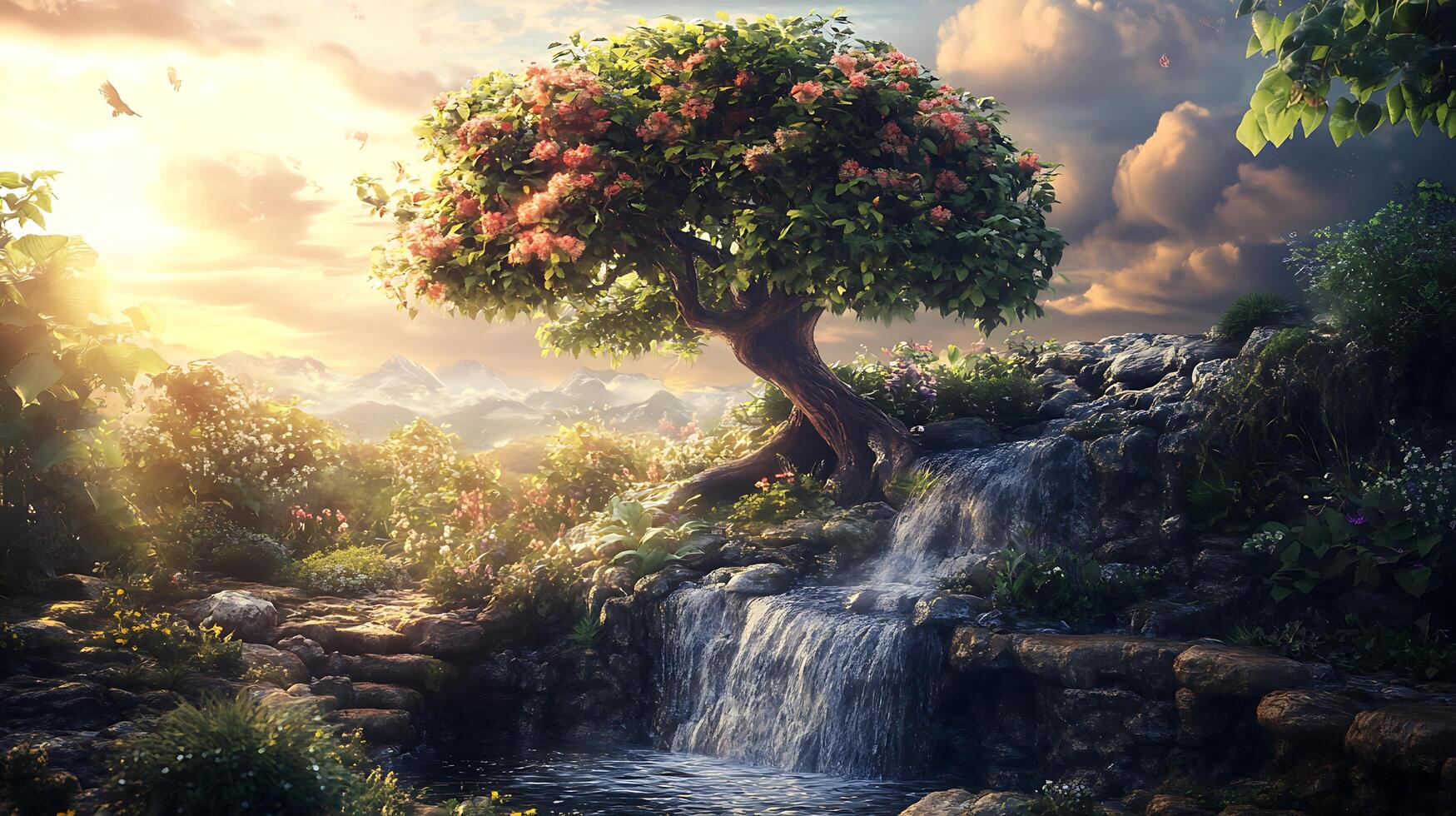 Enchanting landscape with a flower-laden tree cascading waterfall and sunlit mountains in the distance evoking a sense of tranquility photo