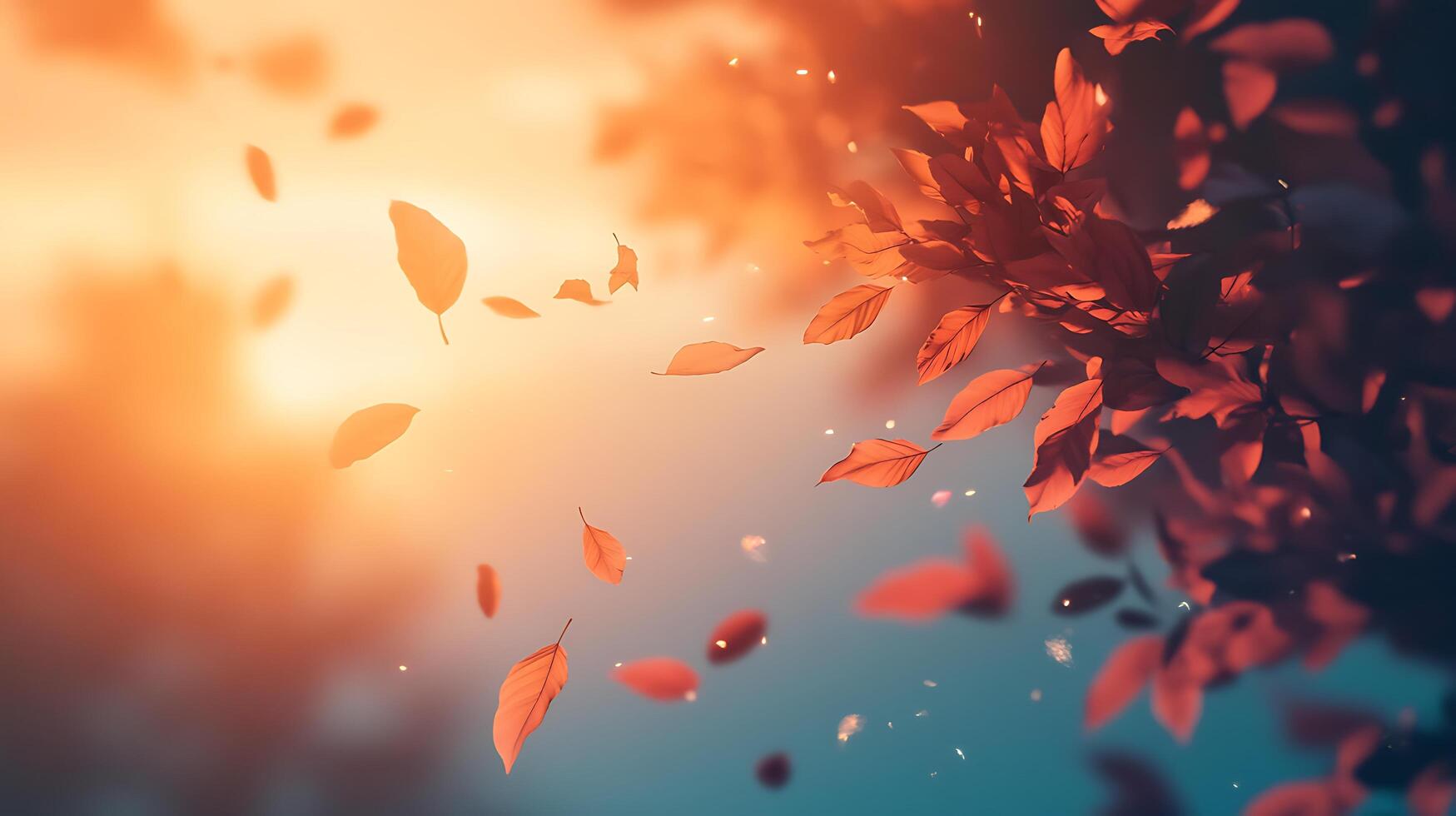 A burst of warm-toned foliage and scattered leaves creating a dreamy autumn scene with a soft ethereal glow photo