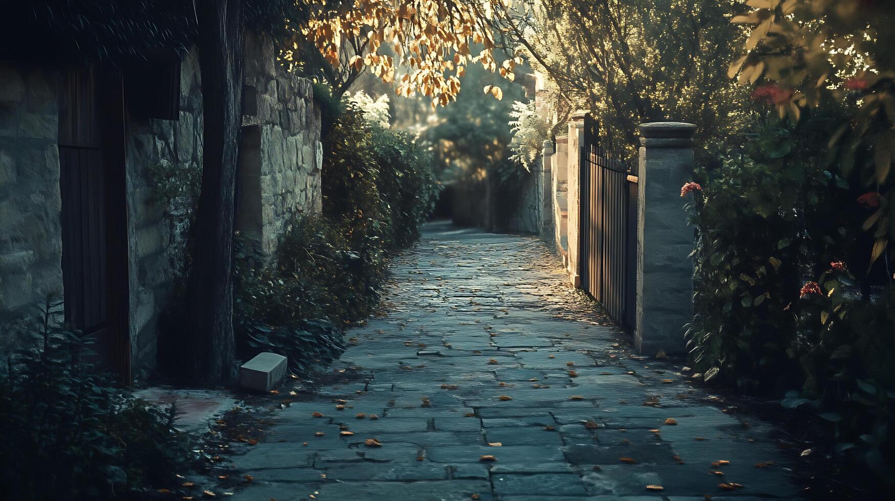 Serene walkway lined with stone walls and lush greenery bathed in soft sunlight evoking a sense of tranquility and historical charm photo