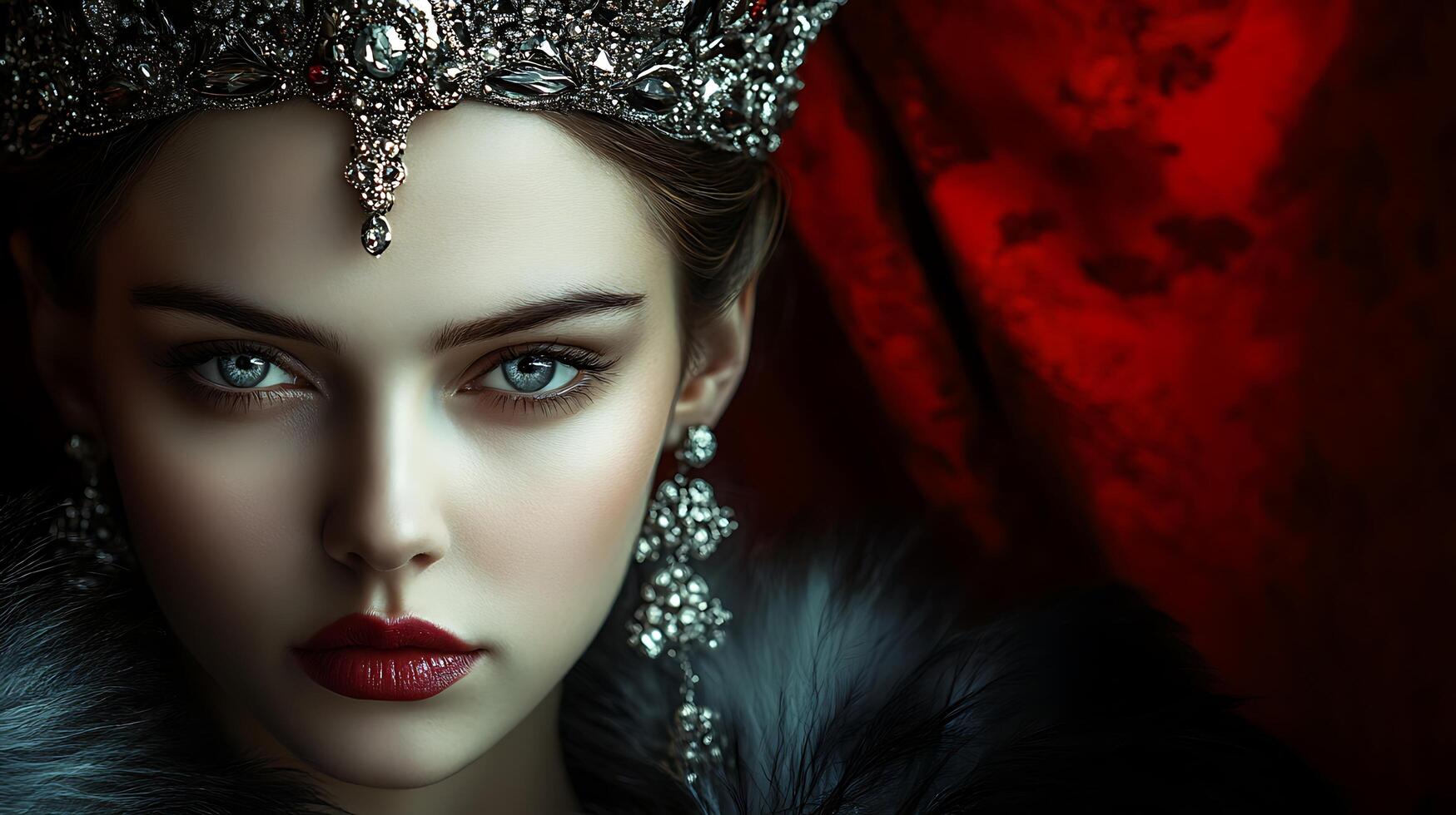 Elegant portrait of a woman with striking blue eyes wearing a jeweled crown and earrings against a rich red backdrop photo