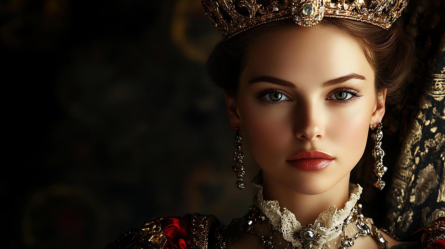 Elegant portrait of a woman wearing a jeweled crown and ornate jewelry captured in a dramatic baroque style with rich colors and details photo