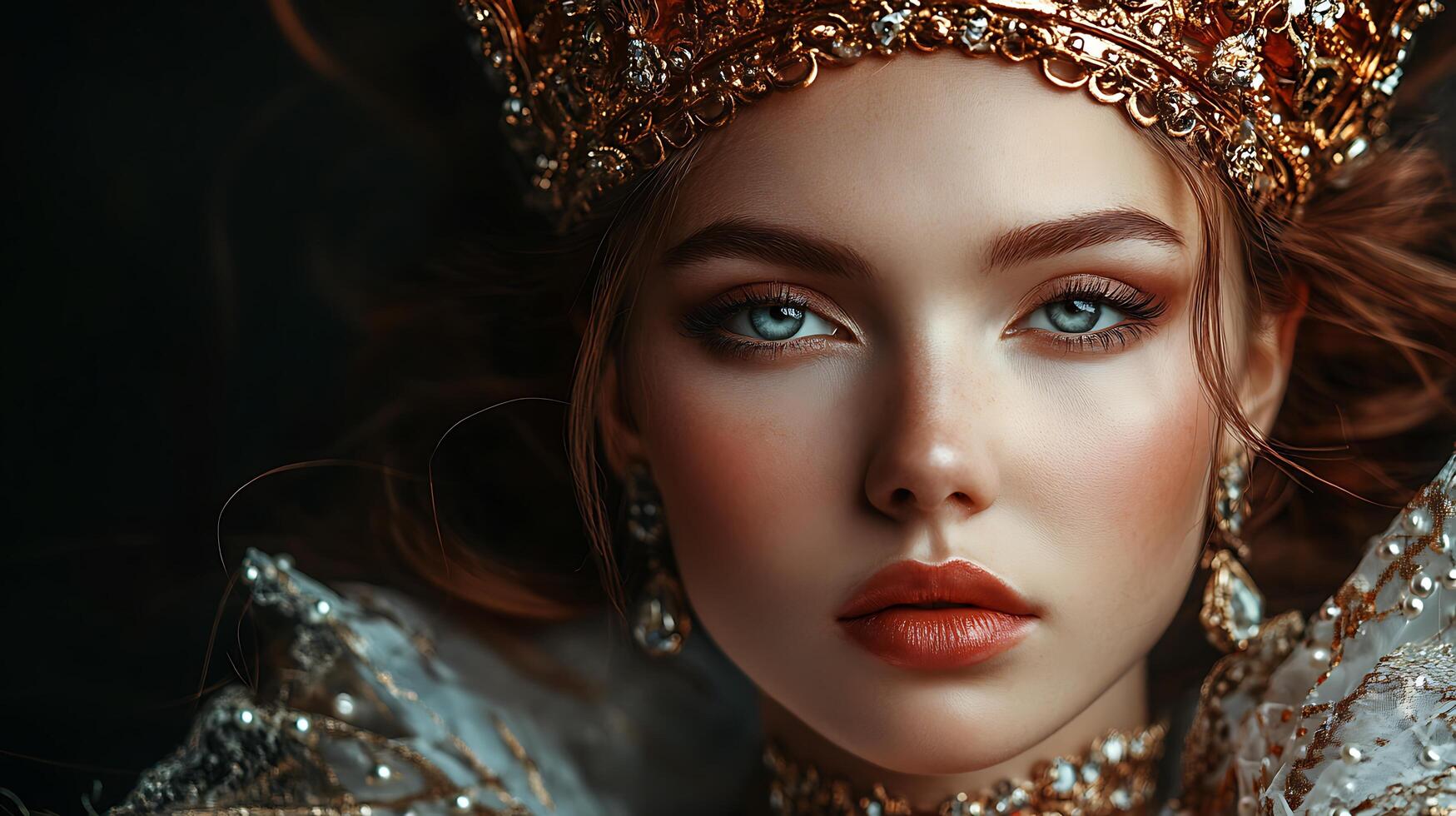 A young woman wearing a decorative gold crown and elegant jewelry a study in beauty grace and classic style photo