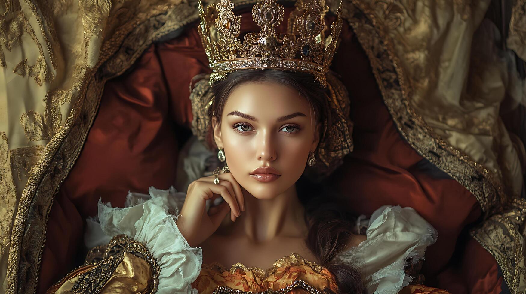 Portrait of a woman wearing an elaborate golden crown reclining on velvet cushions and ornate fabrics in a rich luxurious setting photo