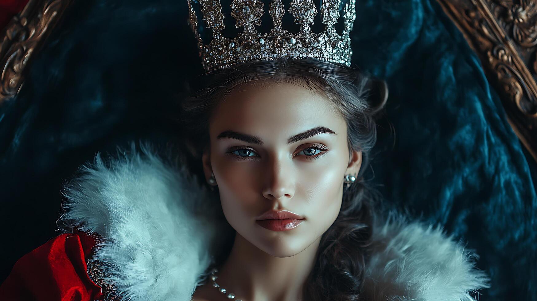 Portrait of an enigmatic royal figure adorned with a jeweled crown and plush white fur against a velvet backdrop of deep teal photo