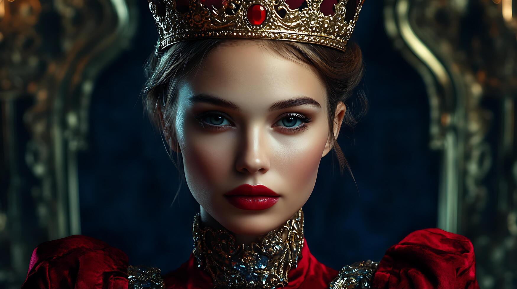 Portrait of a poised woman adorned with a jeweled crown and regal attire set against a dark backdrop radiating authority and grace photo