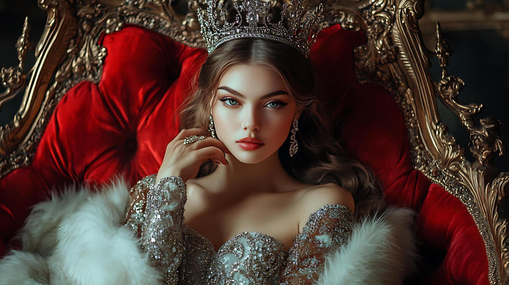 A regal woman with piercing blue eyes adorned in royal attire sits upon a luxurious ornate throne exuding an air of elegance and poise photo