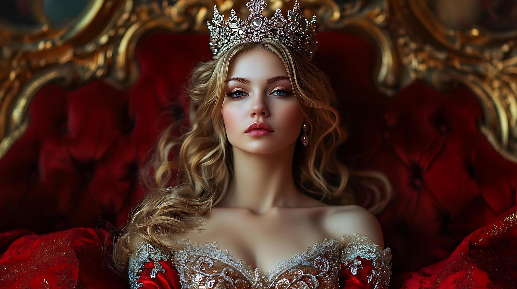Elegant woman with flowing blonde hair and a dazzling crown sitting on a plush red throne Regal beauty and timeless style photo