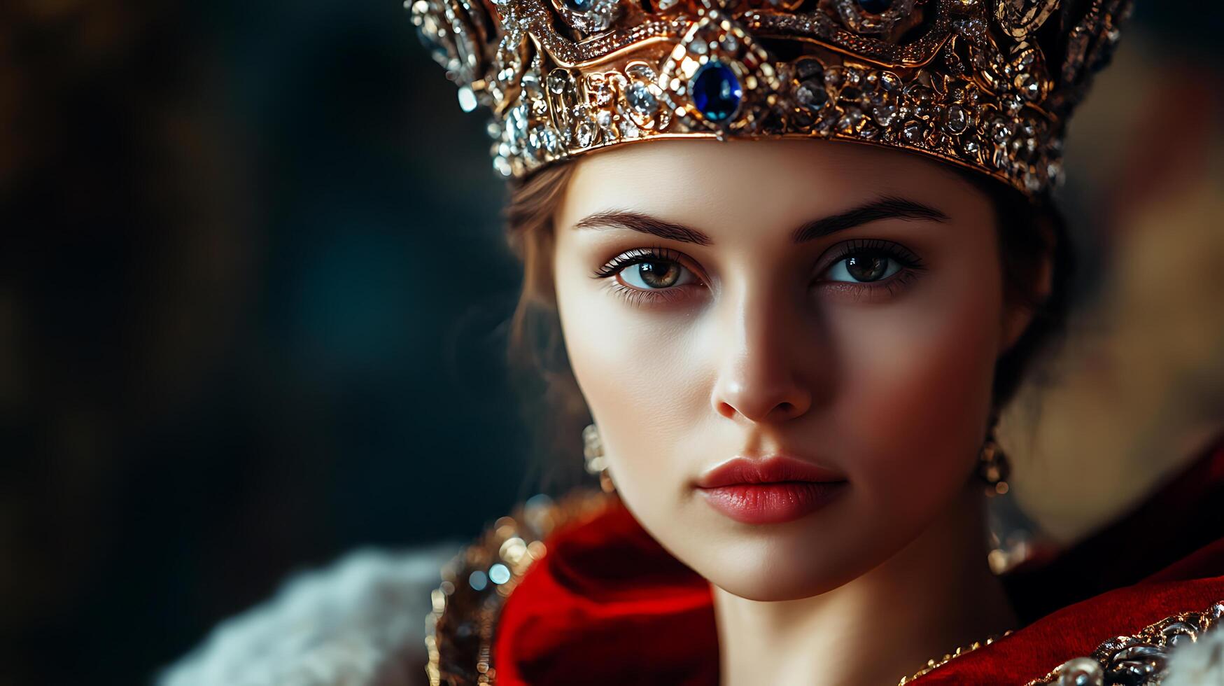 Portrait of a woman adorned with an elaborate golden crown red velvet and fur evoking royalty and sophistication A timeless beauty photo