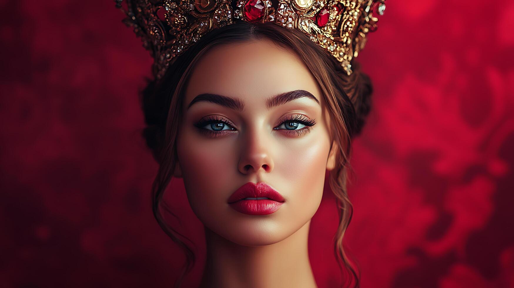 Elegant woman with ruby crown and fair skin standing out against a luxurious red backdrop Timeless beauty and grace shines photo