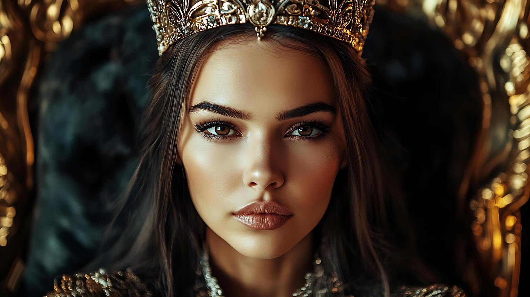 Elegant woman with a golden crown exuding power and grace She sits on a throne with intricate detailing and luxurious fabric photo