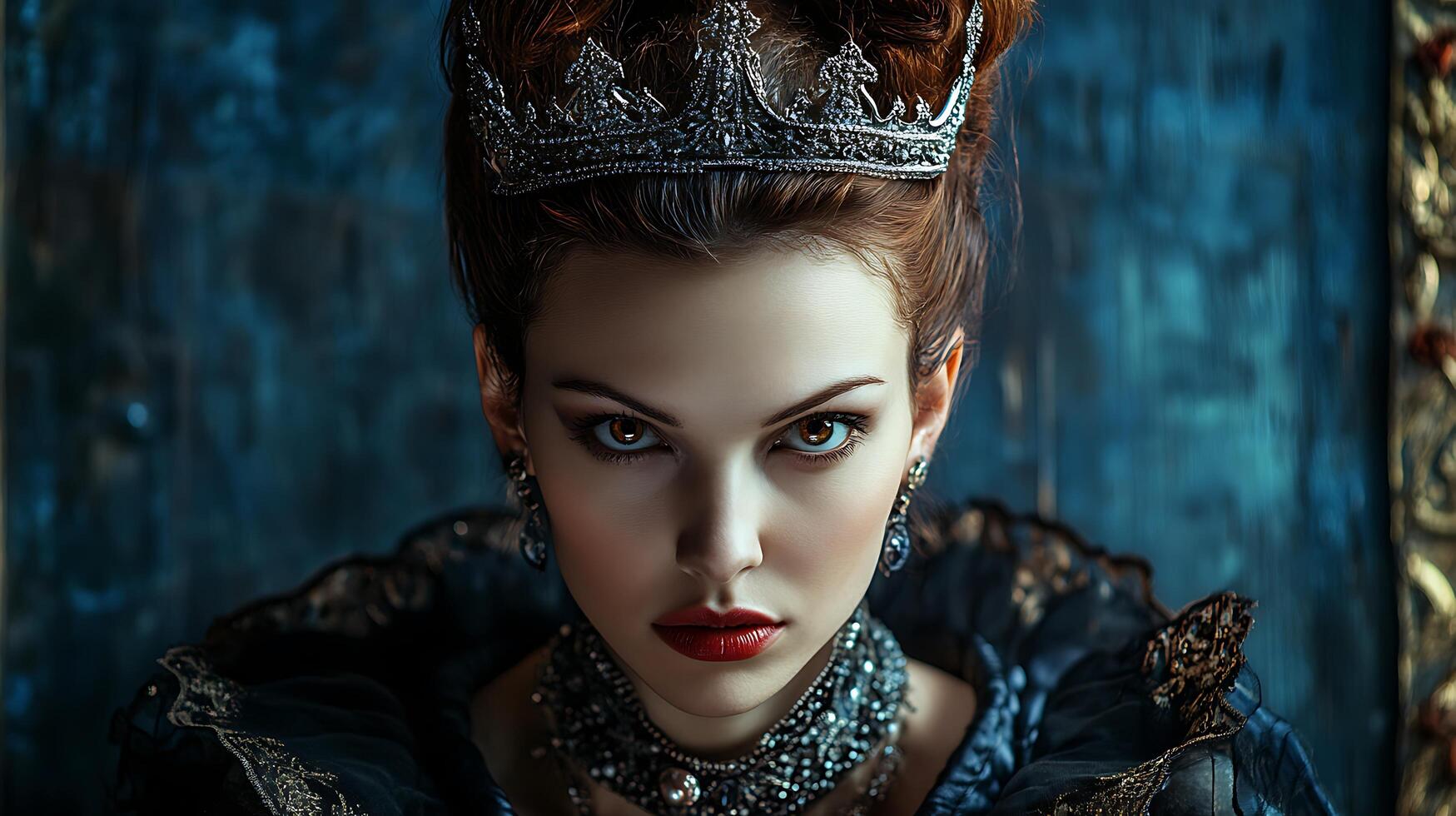 Portrait of an elegant and powerful queen with a severe gaze adorned in a crown and regal attire against a dark moody backdrop photo