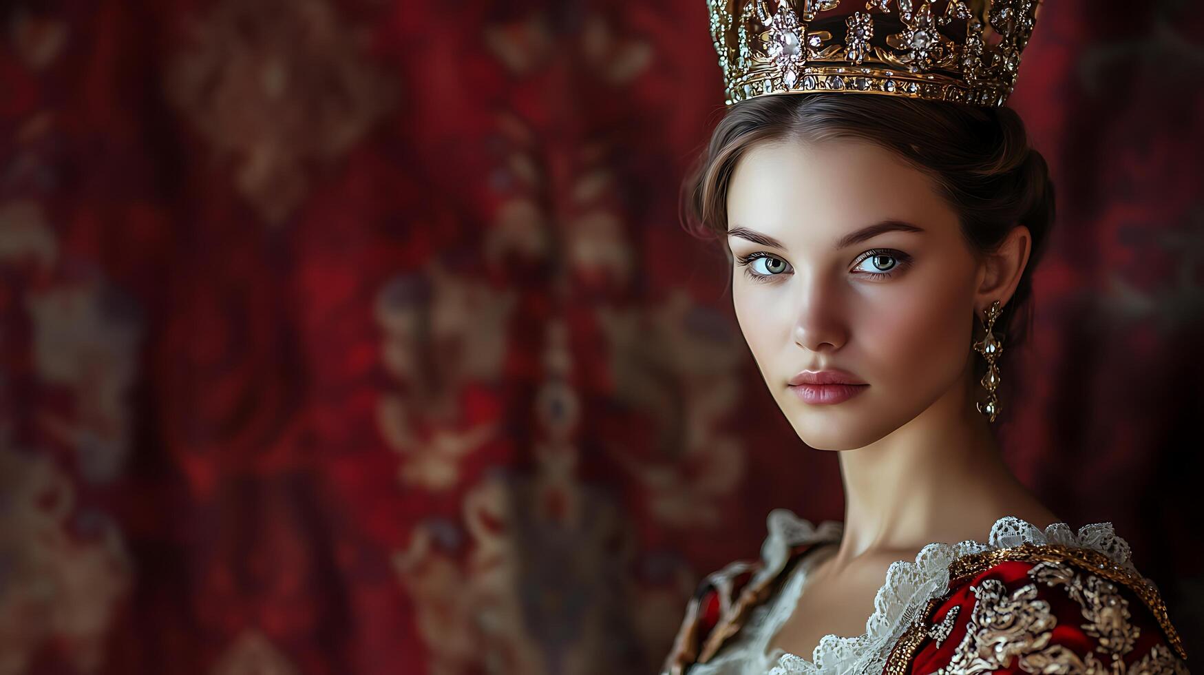Portrait of a poised woman in a period costume with an elaborate crown reminiscent of royalty and historical elegance photo