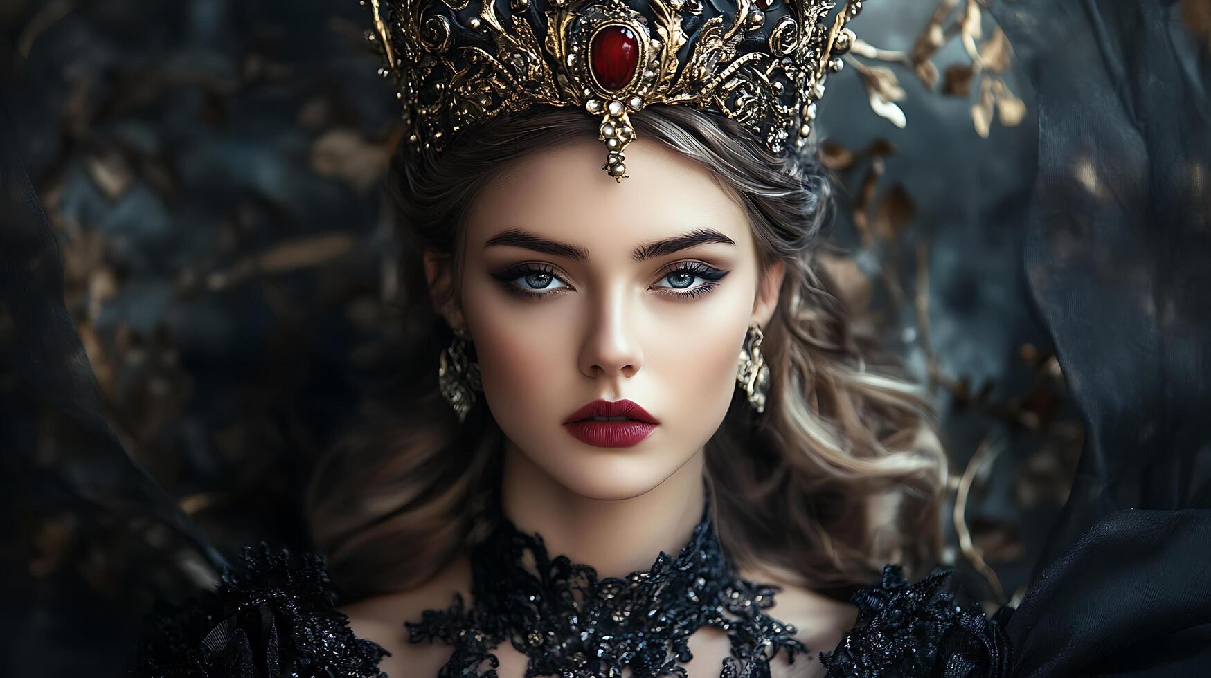 Portrait of a beautiful woman with a regal crown and elegant attire She is adorned with jewelry and has striking facial features photo