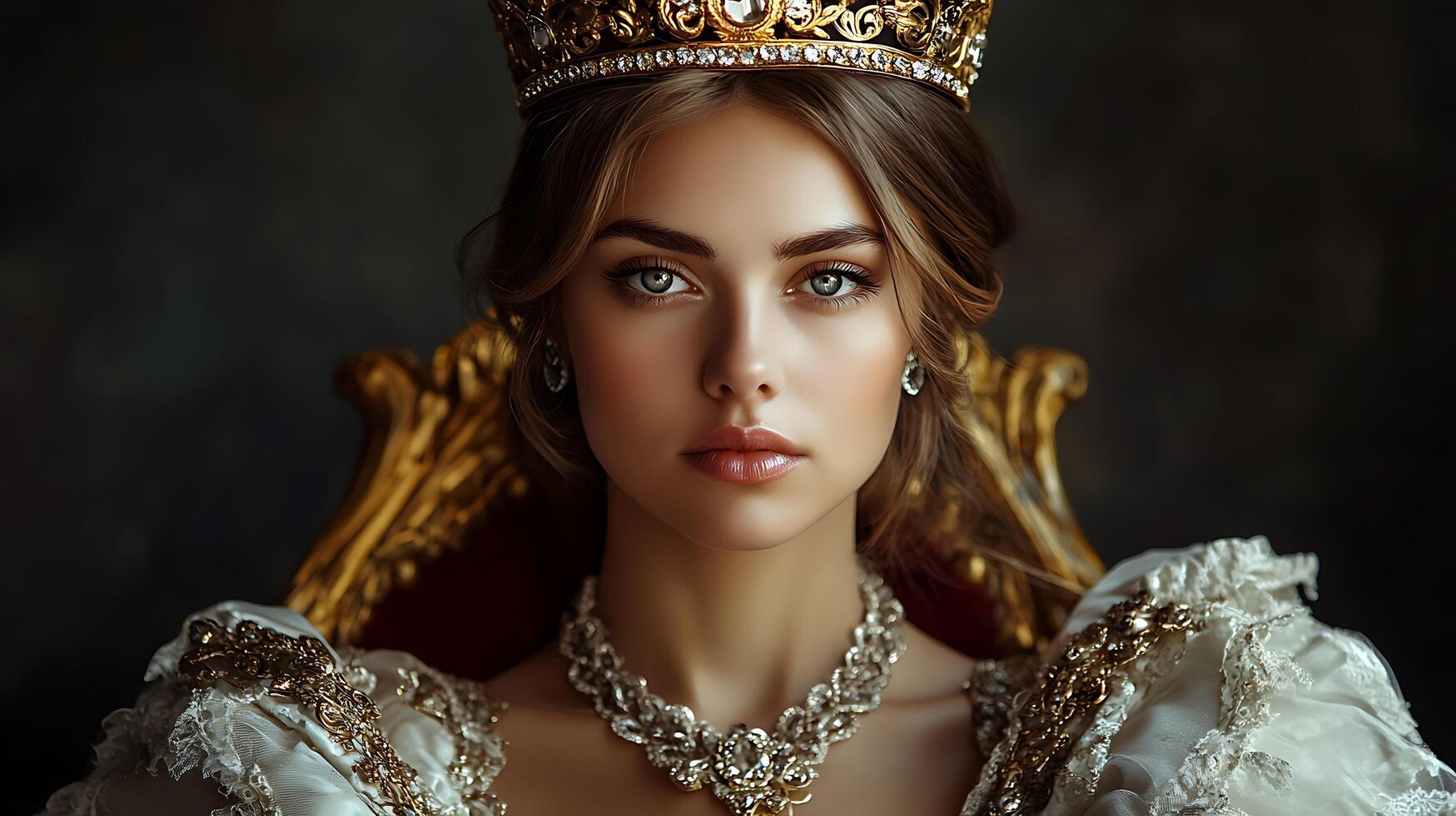 Regal portrait of a beautiful young woman with a golden crown sitting on a throne embodying elegance and majestic presence photo