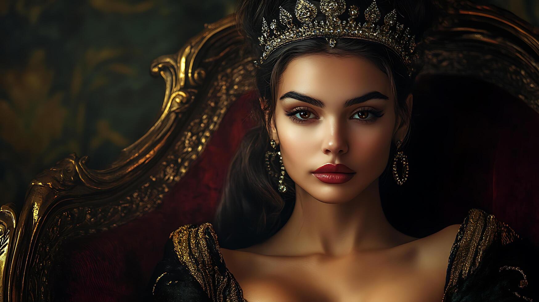 Portrait of a woman wearing a golden crown and jewelry seated on an ornate chair She is looking directly at the viewer with a serious expression photo
