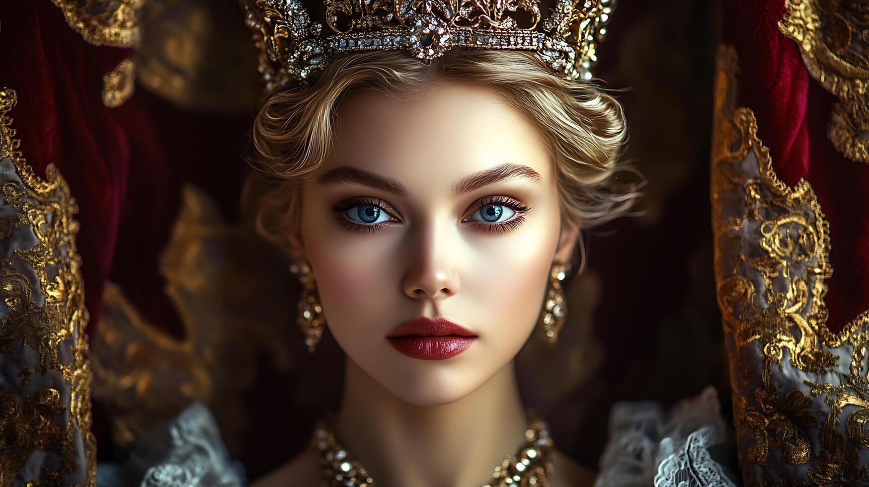 Elegant portrait of a fair-skinned woman with a jeweled crown necklace and earrings She is framed by ornate garments and backdrop photo