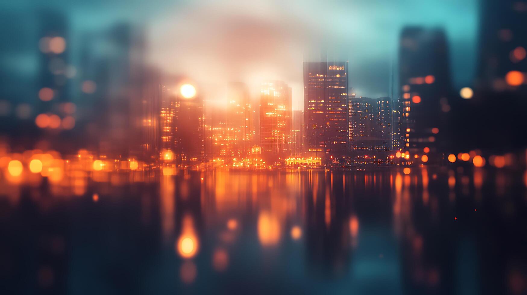 City skyline at dusk with warm orange lighting reflecting on water creating blurred dreamy effect Evening glow casts long shadows photo