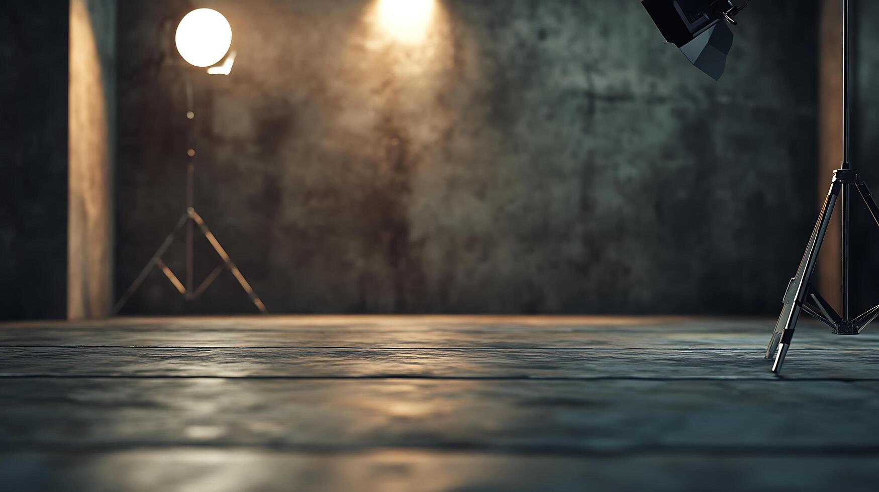Image showcases a photography or film studio setting Dark moody lighting concrete backdrop and lighting equipment are visible photo