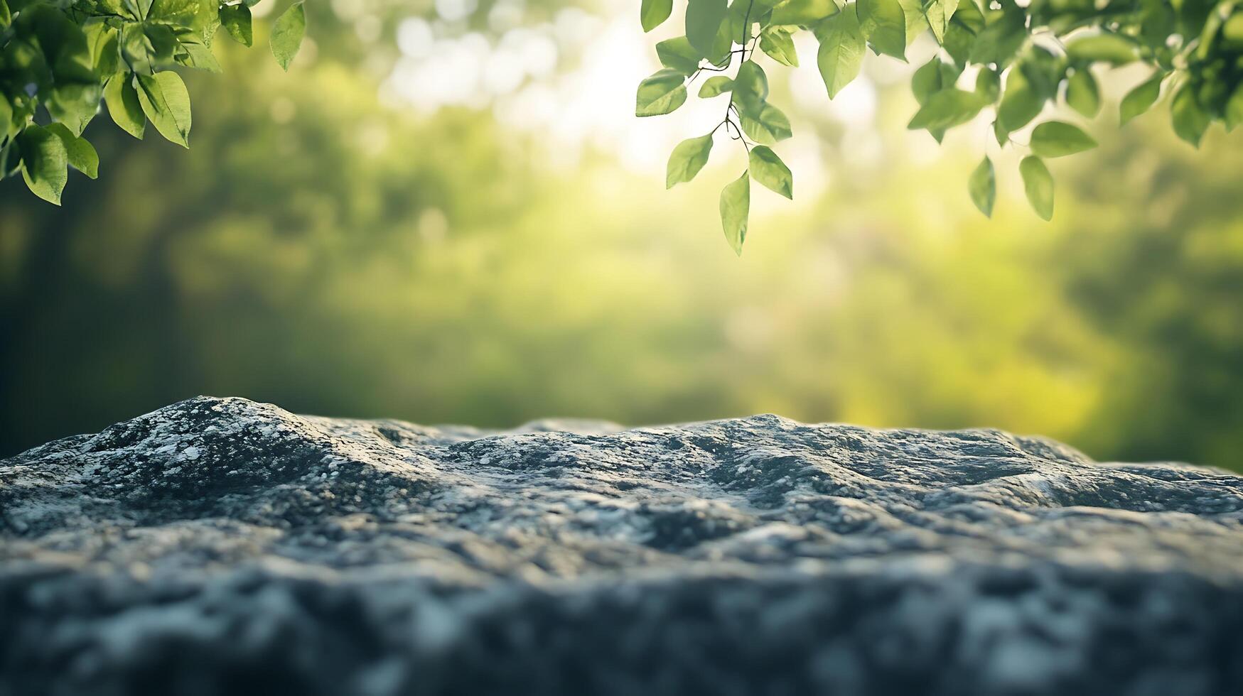 Elevated stone surface with an ambient forest backdrop perfect for showcasing products in a natural setting and creating a sense of purity photo