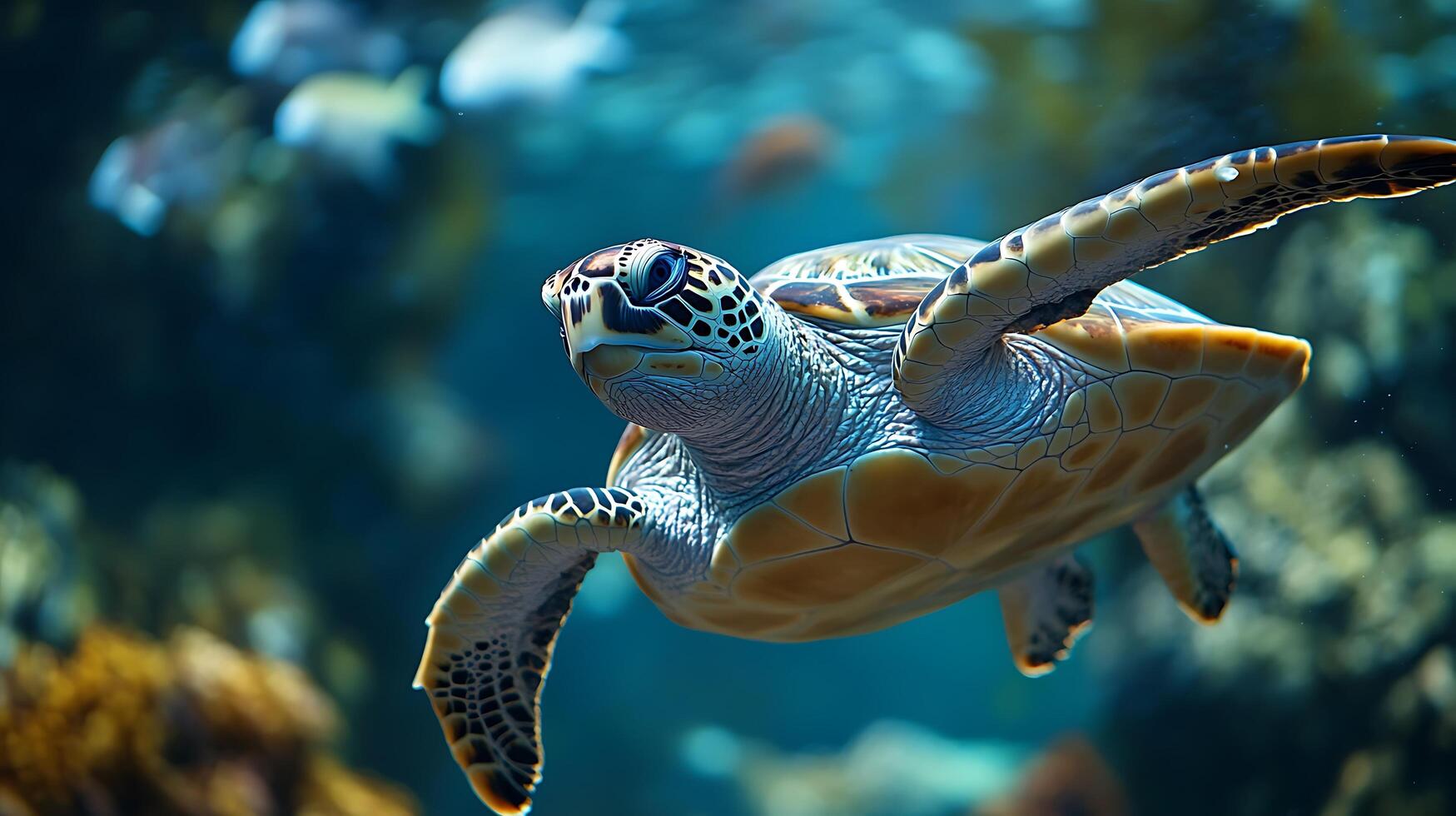 Graceful sea turtle swims in clear blue ocean water its patterned shell and flippers propelling it through the underwater realm photo