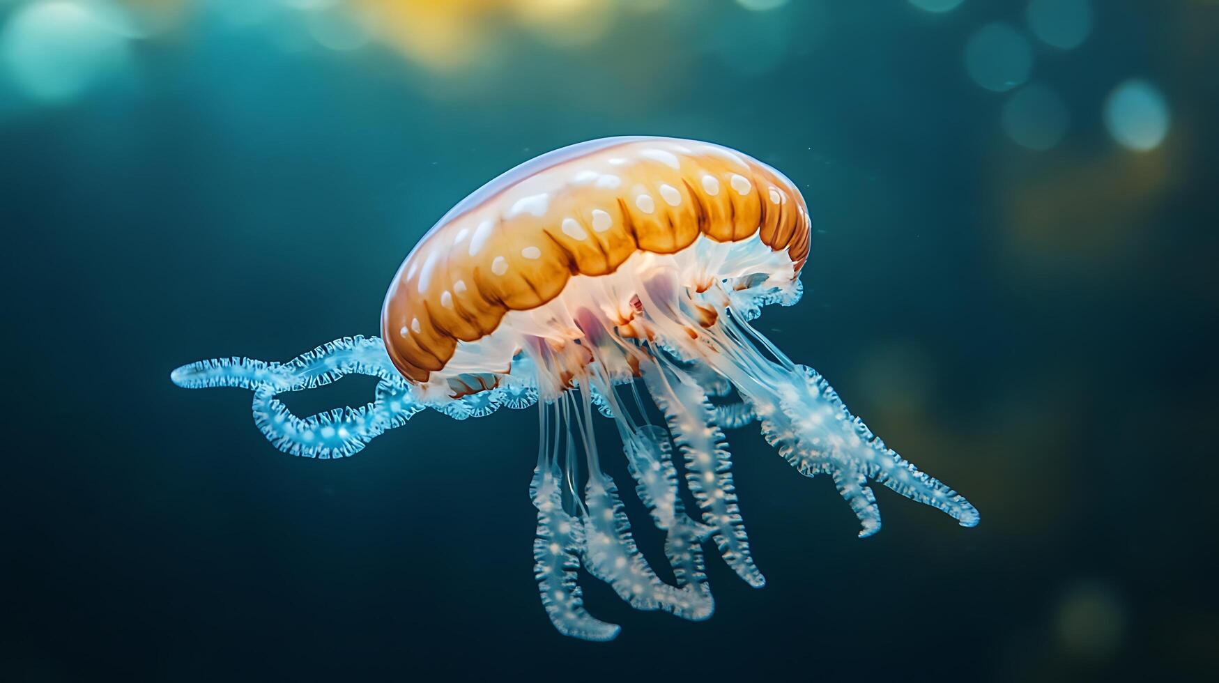 Graceful jellyfish floats in the deep its translucent form illuminated by the soft ambient light A mesmerizing dance of nature photo