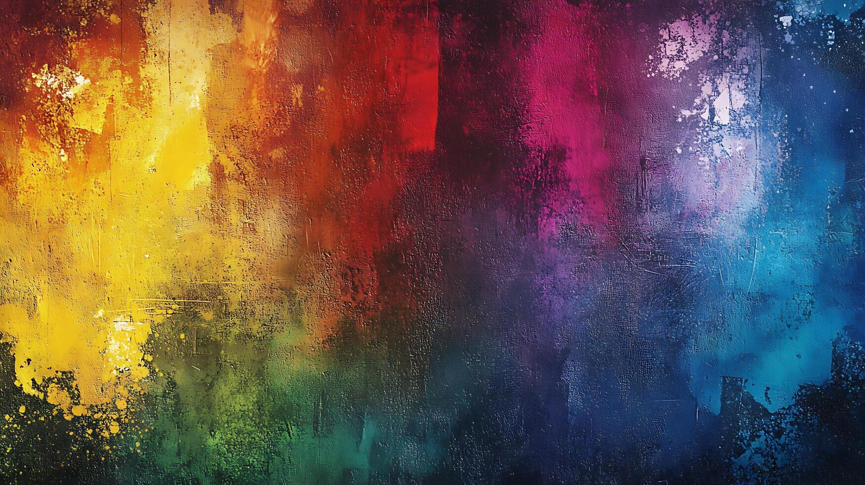 Colorful paint splatters blend on a textured surface showcasing a vibrant spectrum of hues in an abstract expression photo